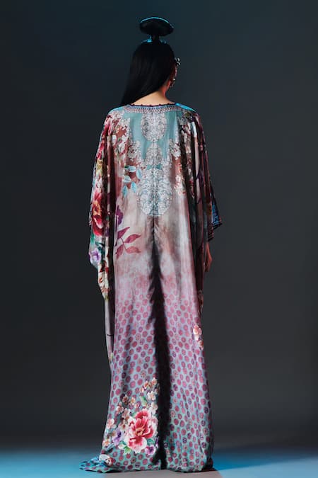 Rajdeep Ranawat Imama Kaftan V Neck Jewelled Belted Print Kaftan 