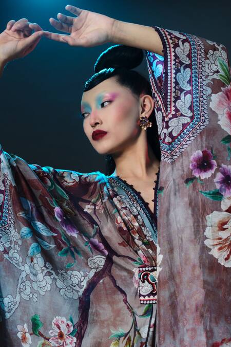 Shop_Rajdeep Ranawat_Taupe Silk Embroidery, Pearls Imama V Jewelled Belted Print 