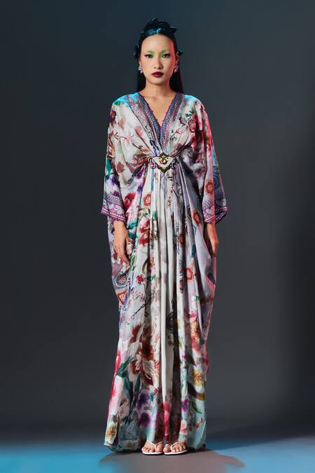 Rajdeep Ranawat_Beige Silk V-neck Printed Imama Kaftan _Online_at_Aza_Fashions