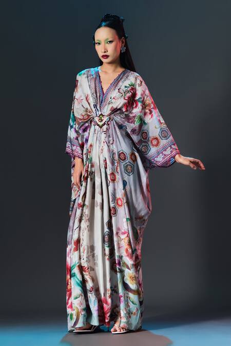 Buy_Rajdeep Ranawat_Beige Silk V-neck Printed Imama Kaftan _Online_at_Aza_Fashions