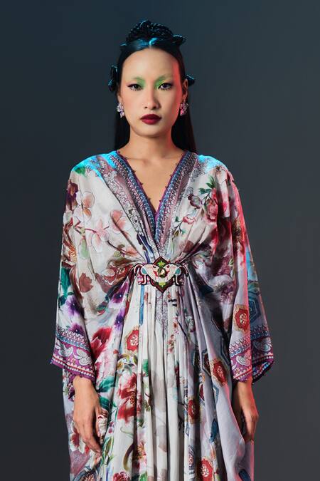 Shop_Rajdeep Ranawat_Beige Silk V-neck Printed Imama Kaftan _Online_at_Aza_Fashions