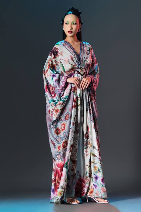 Rajdeep Ranawat_Beige Silk V-neck Printed Imama Kaftan _at_Aza_Fashions
