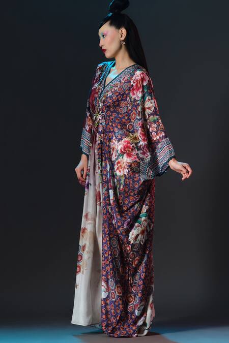 Shop_Rajdeep Ranawat_Beige Silk Embroidery V-neck Imama V Printed Designer _Online_at_Aza_Fashions