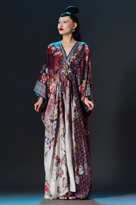 Rajdeep Ranawat_Beige Silk Embroidery V-neck Imama V Printed Designer _at_Aza_Fashions