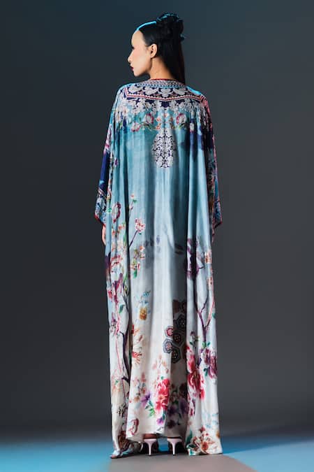 Rajdeep Ranawat Imama Kaftan V Neck Jewelled Belted Print Kaftan 