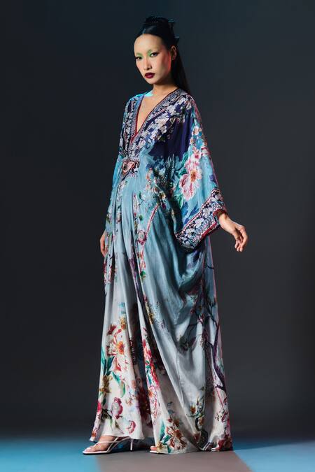 Rajdeep Ranawat_Blue Silk Pearls V-neck Imama V Jewelled Belted Print _Online_at_Aza_Fashions