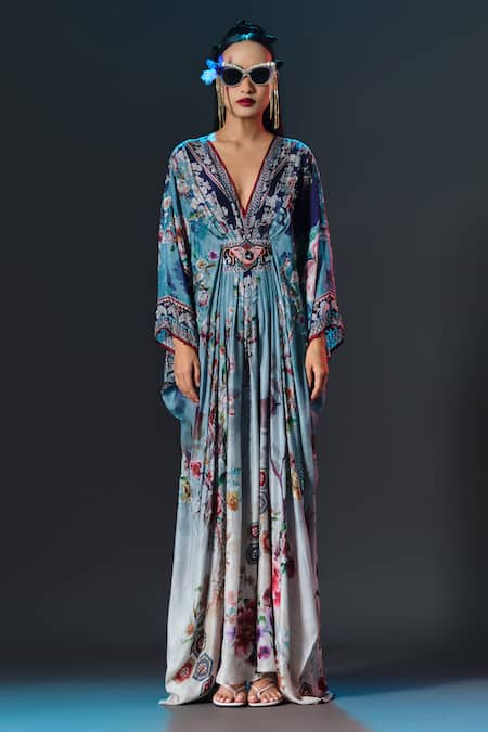 Buy_Rajdeep Ranawat_Blue Silk Pearls V-neck Imama V Jewelled Belted Print _Online_at_Aza_Fashions