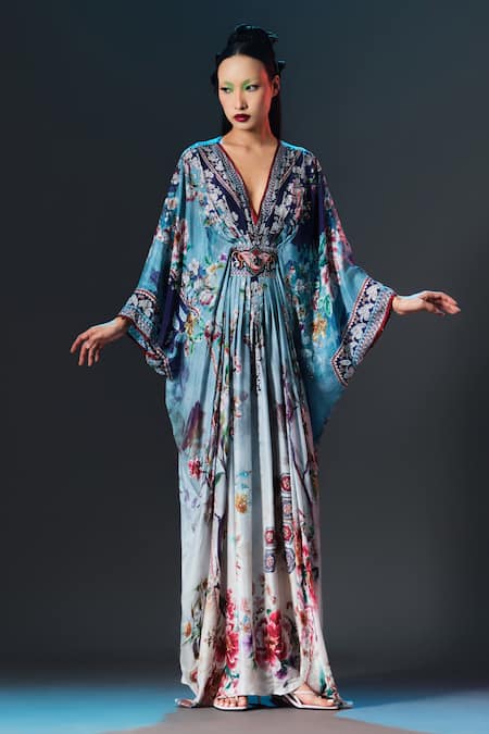 Rajdeep Ranawat Imama Kaftan V Neck Jewelled Belted Print Kaftan 