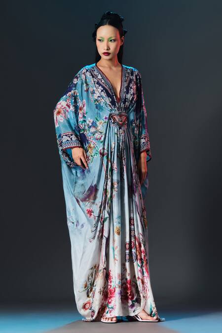 Shop_Rajdeep Ranawat_Blue Silk Pearls V-neck Imama V Jewelled Belted Print _Online_at_Aza_Fashions