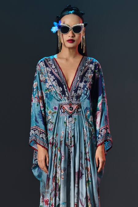 Rajdeep Ranawat_Blue Silk Pearls V-neck Imama V Jewelled Belted Print _at_Aza_Fashions