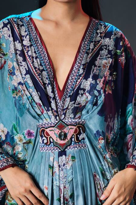 Buy_Rajdeep Ranawat_Blue Silk Pearls V-neck Imama V Jewelled Belted Print 