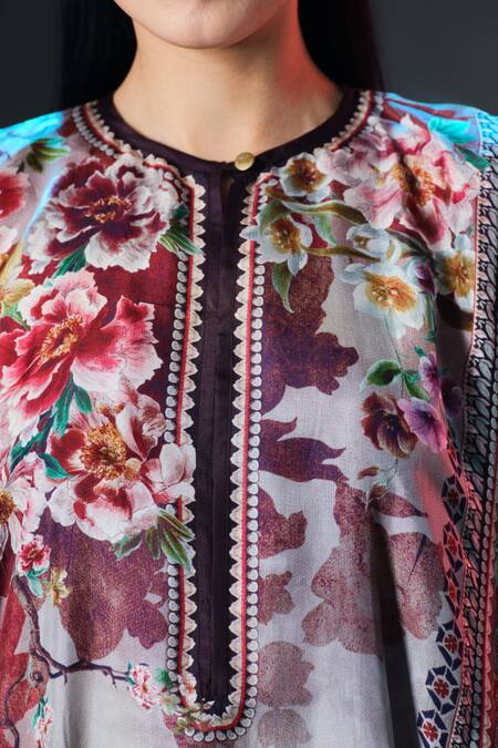 Shop Rajdeep Ranawat Taupe Silk Round Neck Printed Boxy Online at Aza Fashions Shop_Rajdeep Ranawat_Taupe Silk Round Neck Printed Boxy _Online_at_Aza_Fashions