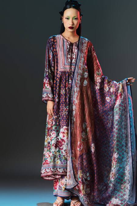 Shop_Rajdeep Ranawat_Multi Color Silk Embroidery Keyhole Neck, Anisha Printed 
