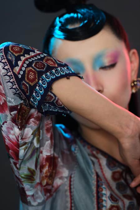 Rajdeep Ranawat_Brown Silk Round Neck Anisha Floral Printed _Online_at_Aza_Fashions