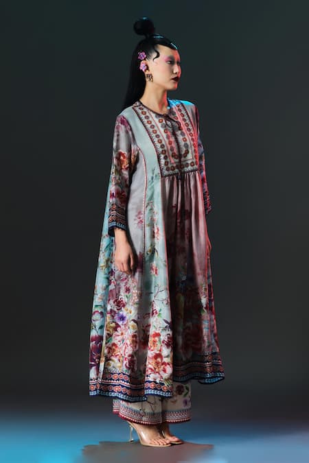 Buy_Rajdeep Ranawat_Brown Silk Round Neck Anisha Floral Printed _Online_at_Aza_Fashions