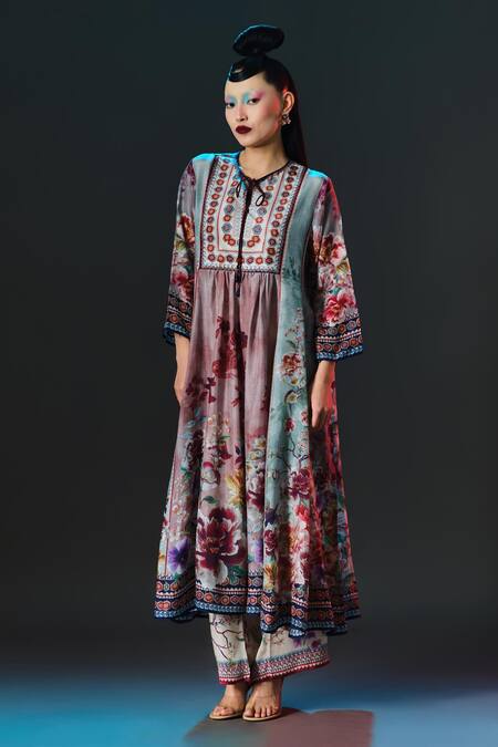 Shop_Rajdeep Ranawat_Brown Silk Round Neck Anisha Floral Printed _Online_at_Aza_Fashions