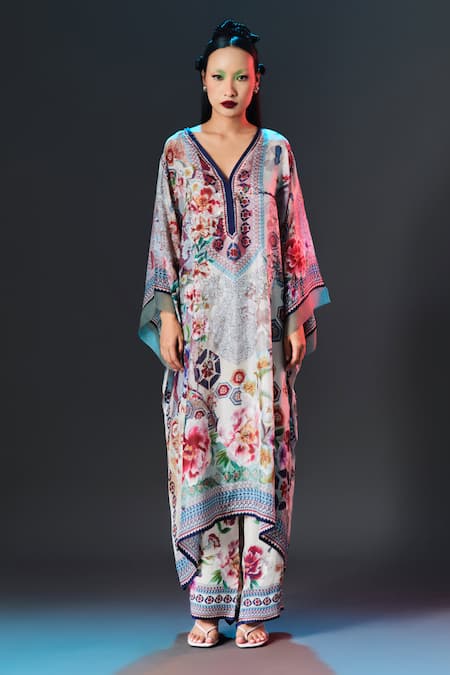 Rajdeep Ranawat_Beige Silk V-neck Olivia Floral Print _Online_at_Aza_Fashions