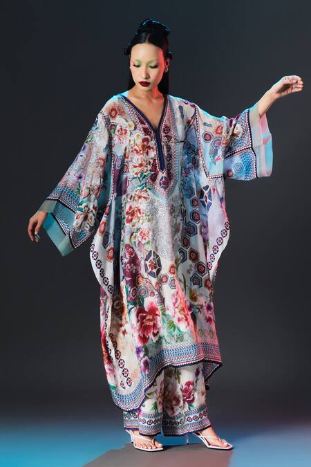 Shop_Rajdeep Ranawat_Beige Silk V-neck Olivia Floral Print _Online_at_Aza_Fashions