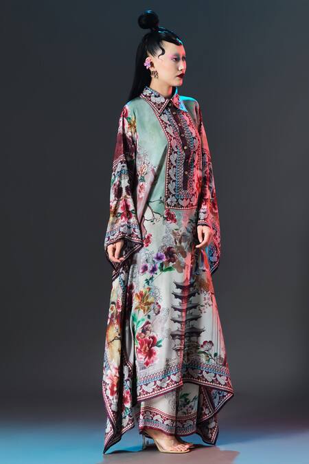 Rajdeep Ranawat_Beige Silk Mandarin Collar Sharifa Floral Print _Online_at_Aza_Fashions