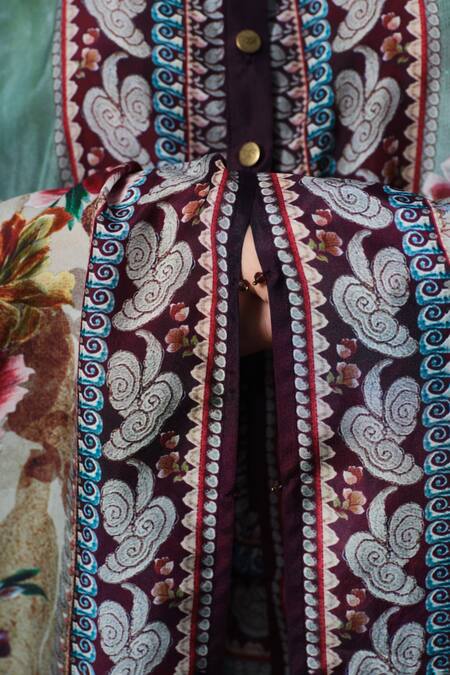 Shop_Rajdeep Ranawat_Beige Silk Mandarin Collar Sharifa Floral Print _Online_at_Aza_Fashions