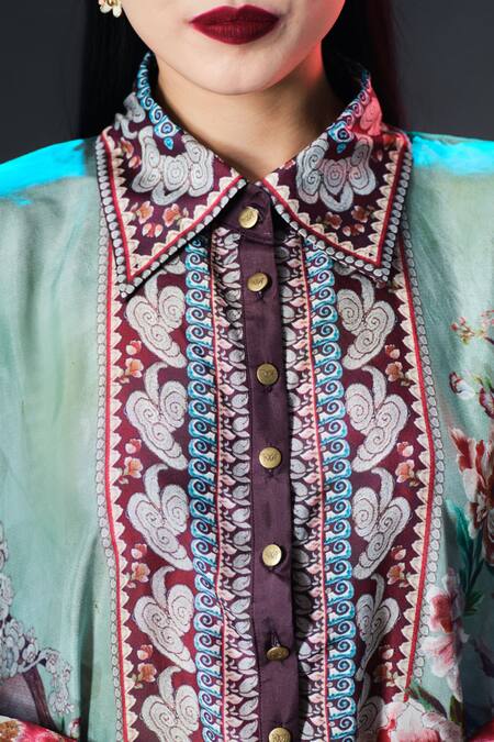 Rajdeep Ranawat_Beige Silk Mandarin Collar Sharifa Floral Print _at_Aza_Fashions