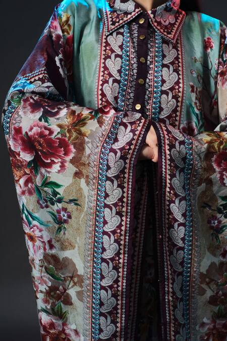 Buy_Rajdeep Ranawat_Beige Silk Mandarin Collar Sharifa Floral Print 