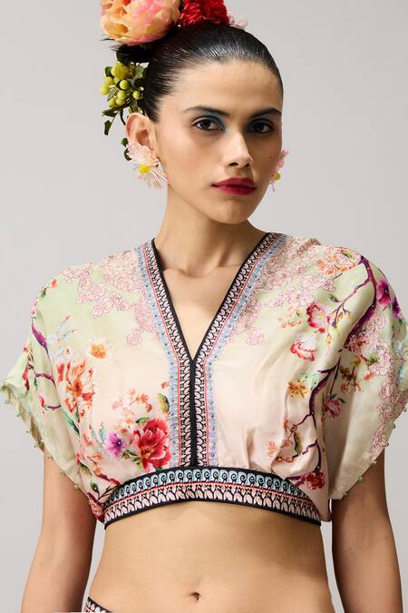 Buy_Rajdeep Ranawat_Green Neerja Leela With Blouse Crystallised Printed And Crop Top _Online_at_Aza_Fashions