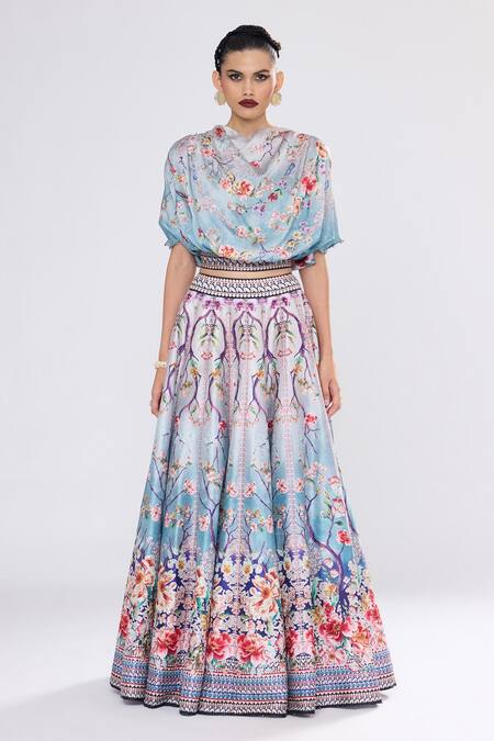 Rajdeep Ranawat_Slate Varsha Leela With Blouse Crystallised Printed Set _Online_at_Aza_Fashions