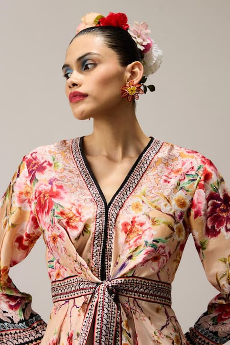 Buy_Rajdeep Ranawat_Beige Polyester, Gomti Leela Crystallised Printed _Online_at_Aza_Fashions