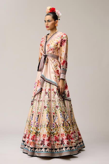 Shop_Rajdeep Ranawat_Beige Polyester, Gomti Leela Crystallised Printed _Online_at_Aza_Fashions