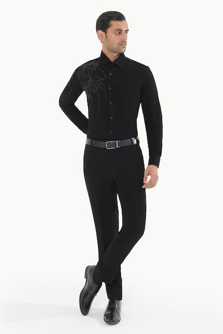 Buy_Kustomeyes_Black Rayon Embroidery The Noir Lotus Shirt _Online_at_Aza_Fashions