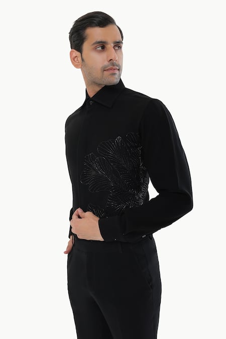 Buy_Kustomeyes_Black Rayon Embroidery Midnight Bloom Designer Shirt With _Online_at_Aza_Fashions