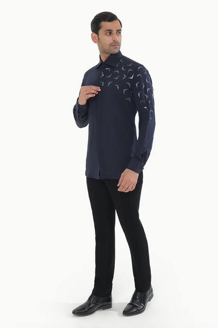 Buy_Kustomeyes_Blue Embroidery Electric Echo Designer Shirt _Online_at_Aza_Fashions