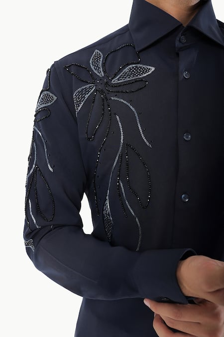 Buy_Kustomeyes_Blue Embroidery, Beads Indigo Grove Designer Shirt _Online_at_Aza_Fashions