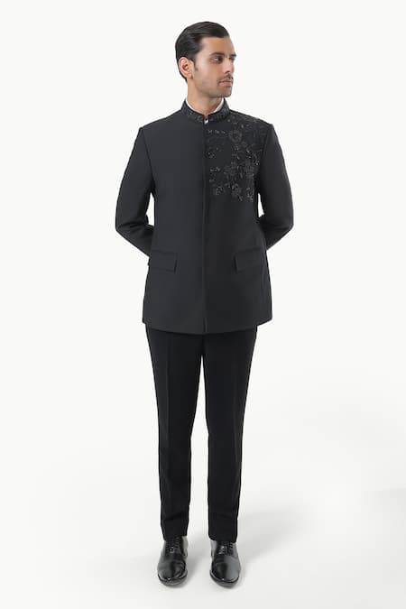 Kustomeyes_Black Embroidery Noir Bloom Designer Bandhgala And Pant Set _Online_at_Aza_Fashions