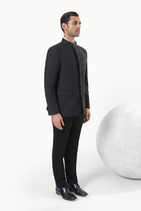 Buy_Kustomeyes_Black Embroidery Noir Bloom Designer Bandhgala And Pant Set _Online_at_Aza_Fashions