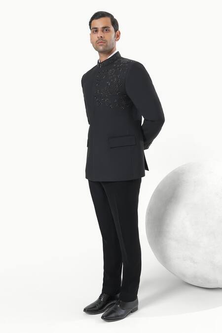 Shop_Kustomeyes_Black Embroidery Noir Bloom Designer Bandhgala And Pant Set _Online_at_Aza_Fashions