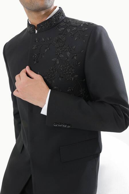 Kustomeyes_Black Embroidery Noir Bloom Designer Bandhgala And Pant Set _at_Aza_Fashions