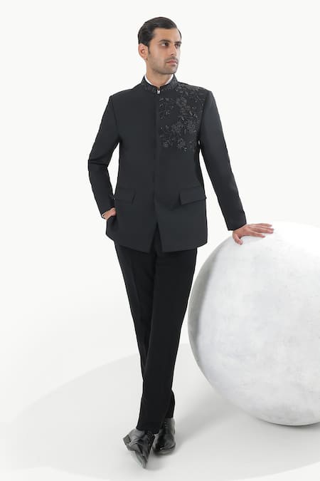Kustomeyes Black Embroidery Noir Bloom Designer Bandhgala And Pant Set 