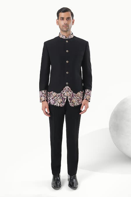 Kustomeyes Black Embroidery Midnight Garden Bandhgala Set 