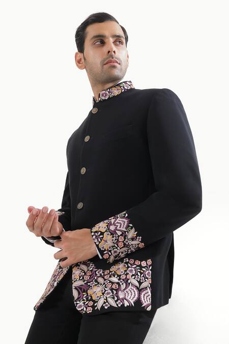 Kustomeyes_Black Embroidery Midnight Garden Bandhgala Set _Online_at_Aza_Fashions