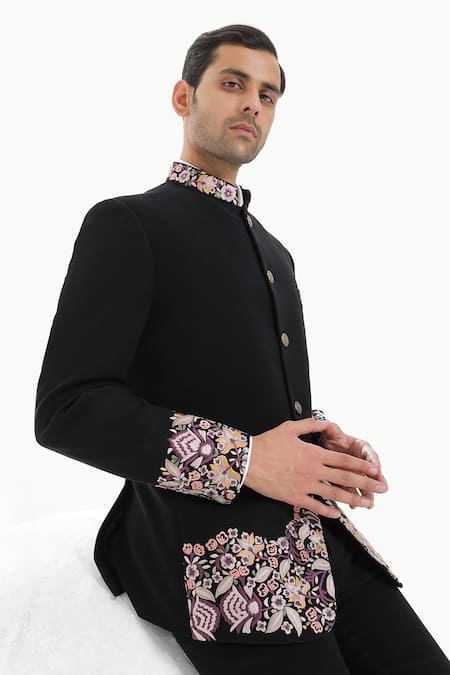 Buy_Kustomeyes_Black Embroidery Midnight Garden Bandhgala Set _Online_at_Aza_Fashions