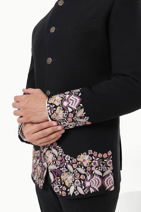 Shop_Kustomeyes_Black Embroidery Midnight Garden Bandhgala Set _Online_at_Aza_Fashions