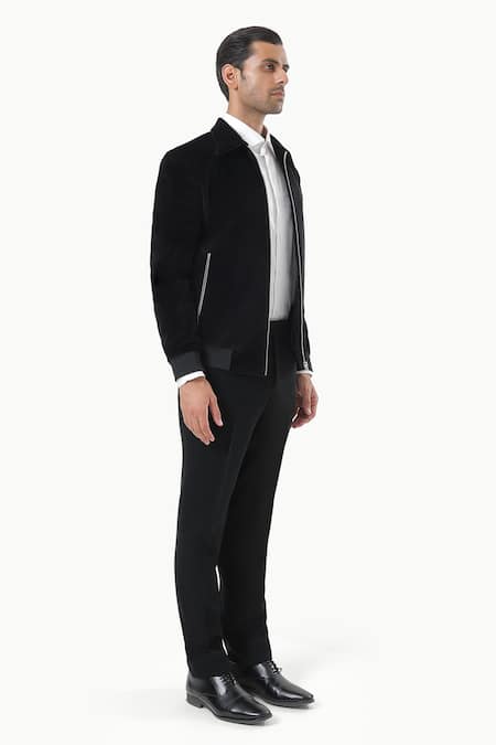 Kustomeyes_Black Cotton, Velvet Code Designer Bomber Jacket _Online_at_Aza_Fashions