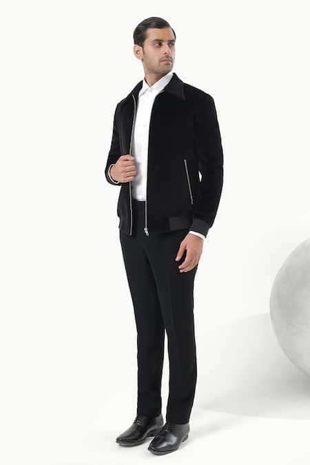 Buy_Kustomeyes_Black Cotton, Velvet Code Designer Bomber Jacket _Online_at_Aza_Fashions