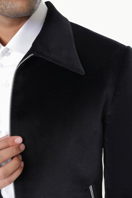 Shop_Kustomeyes_Black Cotton, Velvet Code Designer Bomber Jacket _Online_at_Aza_Fashions