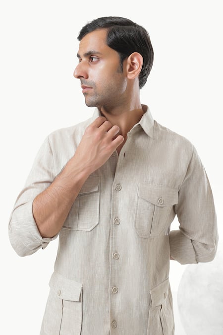 Shop Kustomeyes Beige Linen Desert Scout Pure Designer Shirt Online at Aza Fashions Shop_Kustomeyes_Beige Linen Desert Scout Pure Designer Shirt _Online_at_Aza_Fashions