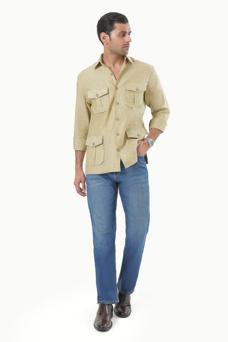 Kustomeyes_Beige Linen Sandstone Trail Designer Dark Shirt _Online_at_Aza_Fashions