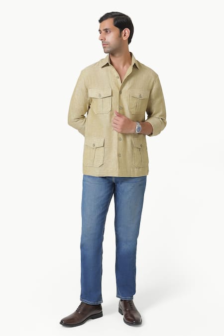 Buy_Kustomeyes_Beige Linen Sandstone Trail Designer Dark Shirt _Online_at_Aza_Fashions