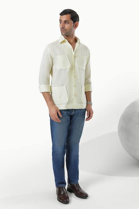Buy_Kustomeyes_Lime Linen Citrus Field Yellow Pure Designer Shirt _Online_at_Aza_Fashions